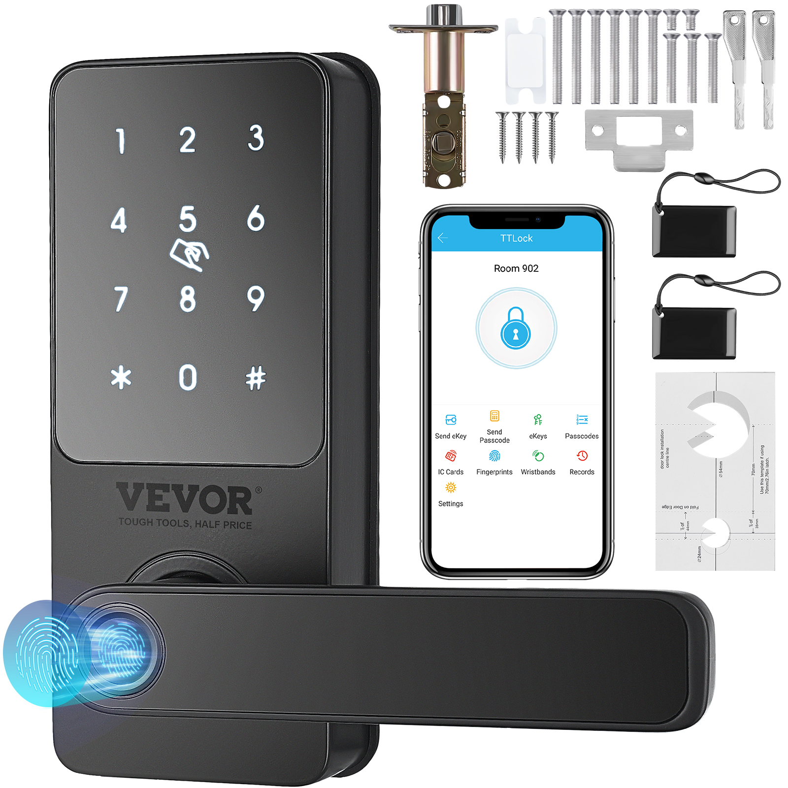 Inteligentny zamek SucceBuy Smart Lock 5 w 1, inteligentna klamka do drzwi z czytnikiem linii papilarnych, zabezpieczenie na zatrzask z kontrolą przez aplikację, inteligentny zamek Bluetooth, bezkluczykowy zamek do drzwi.