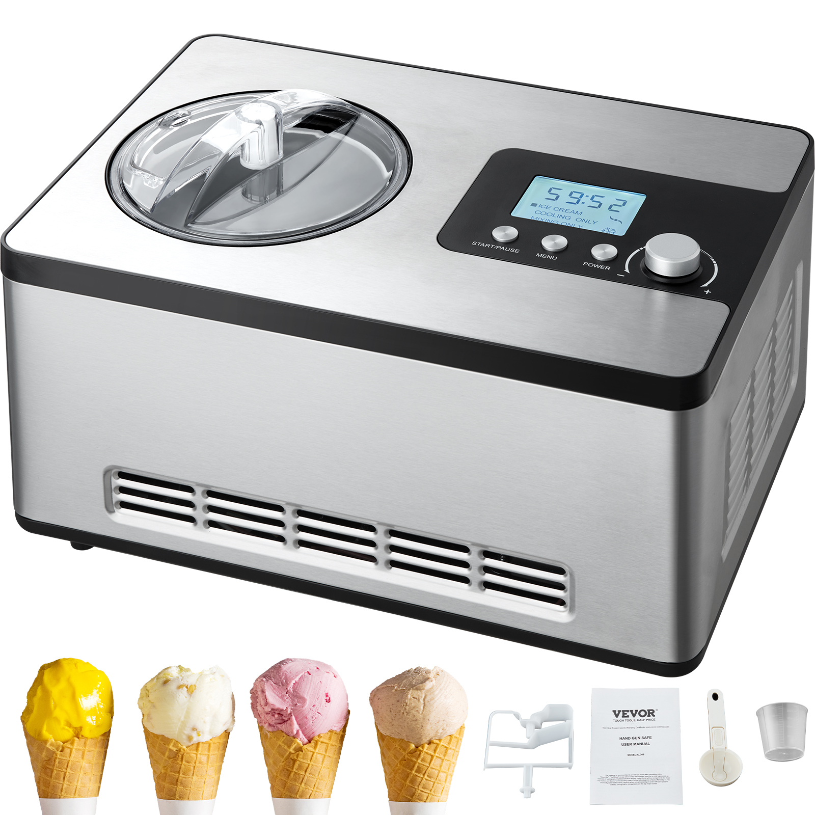 SucceBuy Máquina de sorvete automática com compressor embutido 2 quartos sem pré-congelante Máquina de iogurte de frutas Máquina elétrica de sorvete