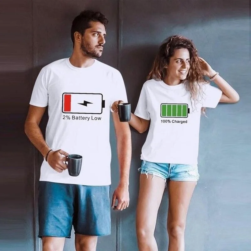 King Queen coppie T Shirt batteria stampa bassa coppia Tshirt estate moda donna T-Shirt Casual o-collo top amanti Tee Shirt