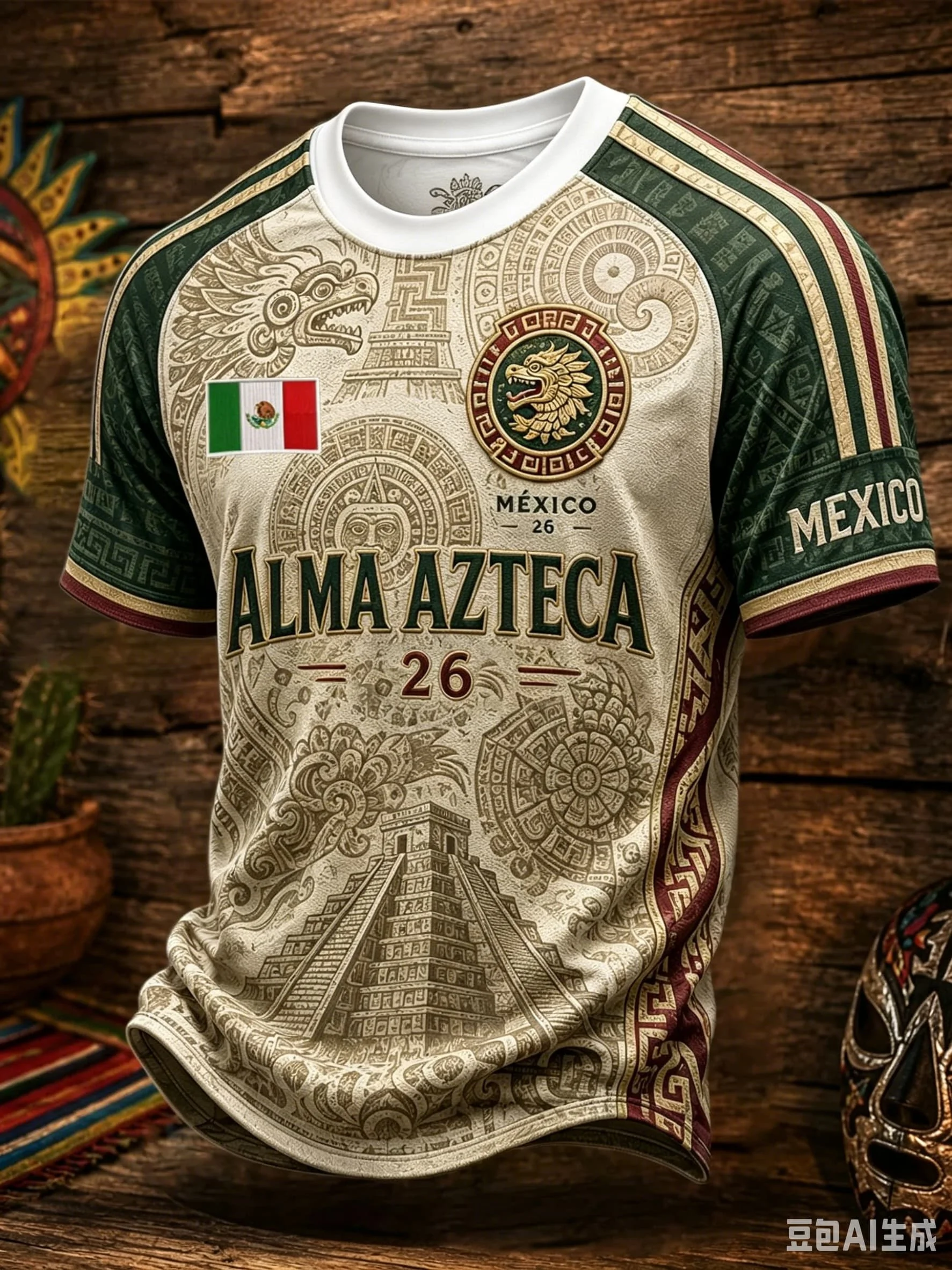 Neues Herren-Fußballtrikot mit Aufdruck, Kurzarm-T-Shirt, Mexiko-Flagge, Adler, Sonne, Tribal-Grafik, Sport-Training, Fan-Freizeit-Fußball-Tee