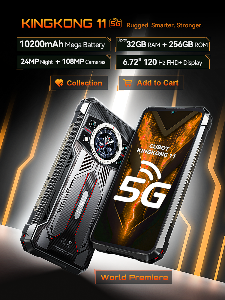 Android Smartphone 5G Cubot KingKong 11, bateria 10200mAh, Dimensity 7025, 6nm, 2,5GHz, 32GB RAM (16GB+16GB estendido), 256GB ROM, câmera 108MP, câmera visão noturna de 24MP, tela de 6,72 polegadas e 120Hz, 5G celular