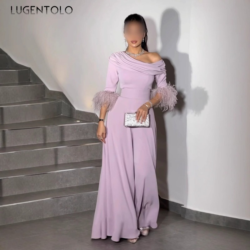 Mulheres sexy macacões com painéis de penas moda solta cocktail festa senhora elegante calças de perna larga banquete longo macacão
