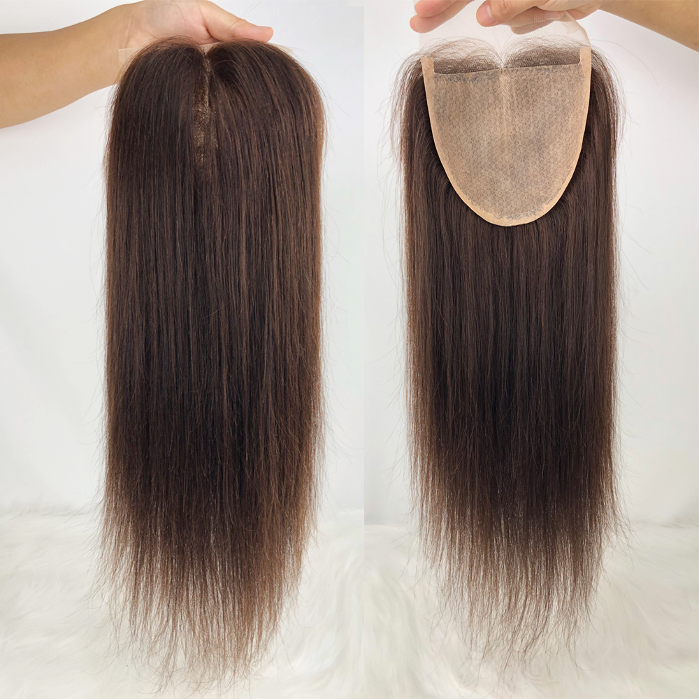Donkerbruine sluiting 5 "x 5" zijden top vetersluiting menselijk haar Braziliaanse Remy huidbasis topper 12x12cm recht vooraf geplukt voor vrouwen