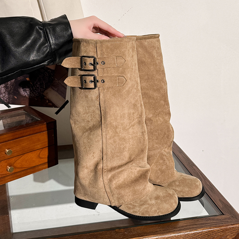 Suede Fold Women Knee High Western Cowboy Boots Fashion Double Buckle Decor Slip On Long Booties Autumn Winter Women's Shoes