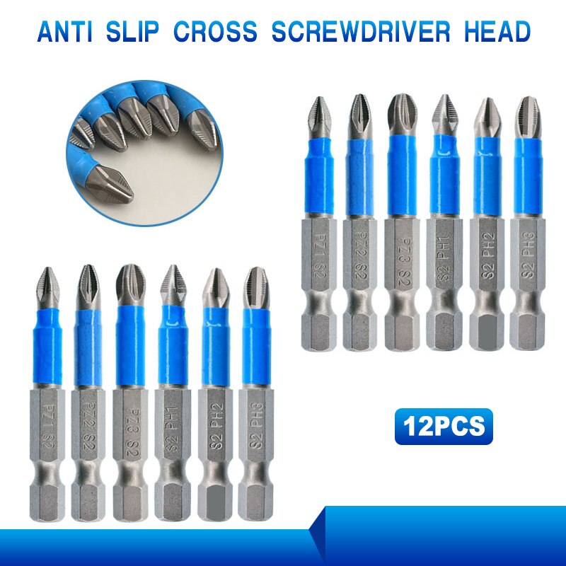 Hexagonal Handle 12pc S2 Steel Anti Slip Screwdriver Head Cross Electric Screwdriver Tool Set PH1/PH2/PH3/PZ1/PZ2/PZ3