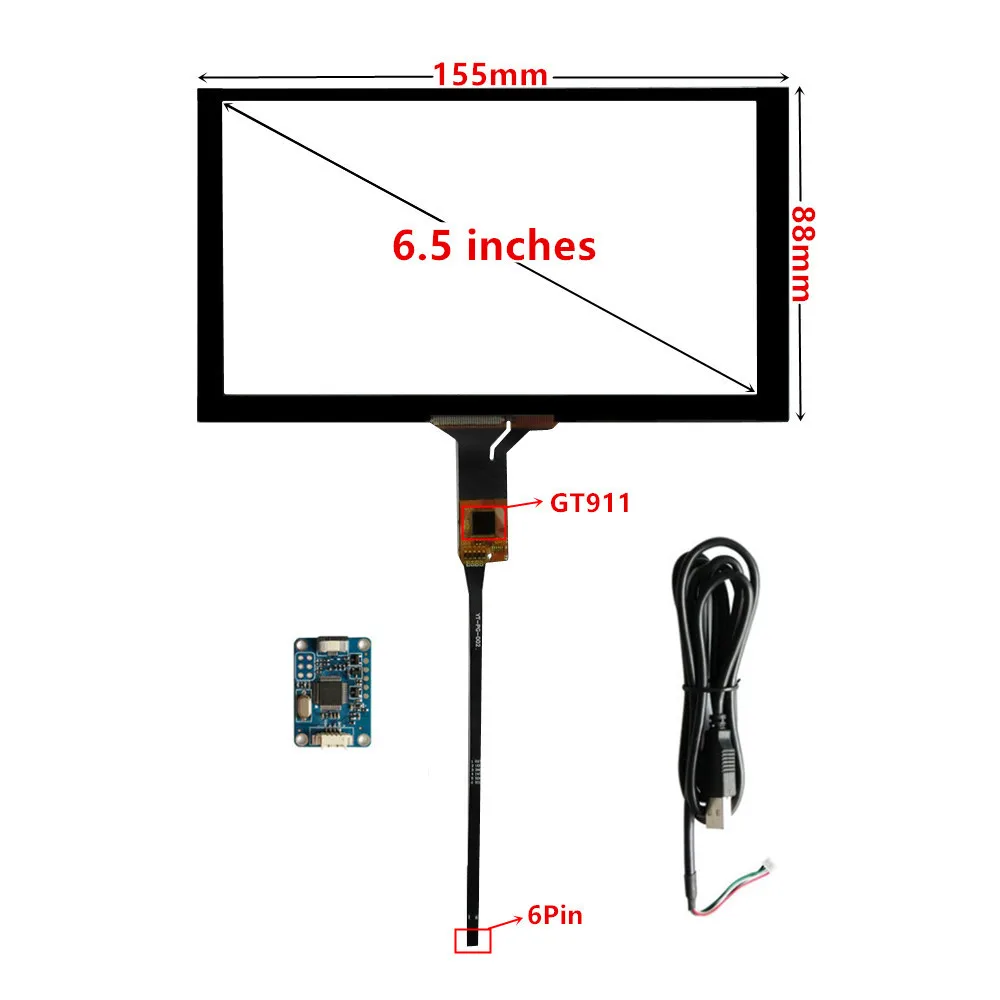 6.5 Polegada 155mm * 88mm gt911 raspberry pi compatibilidade universal navegação capacitiva digitador tela de toque painel vidro