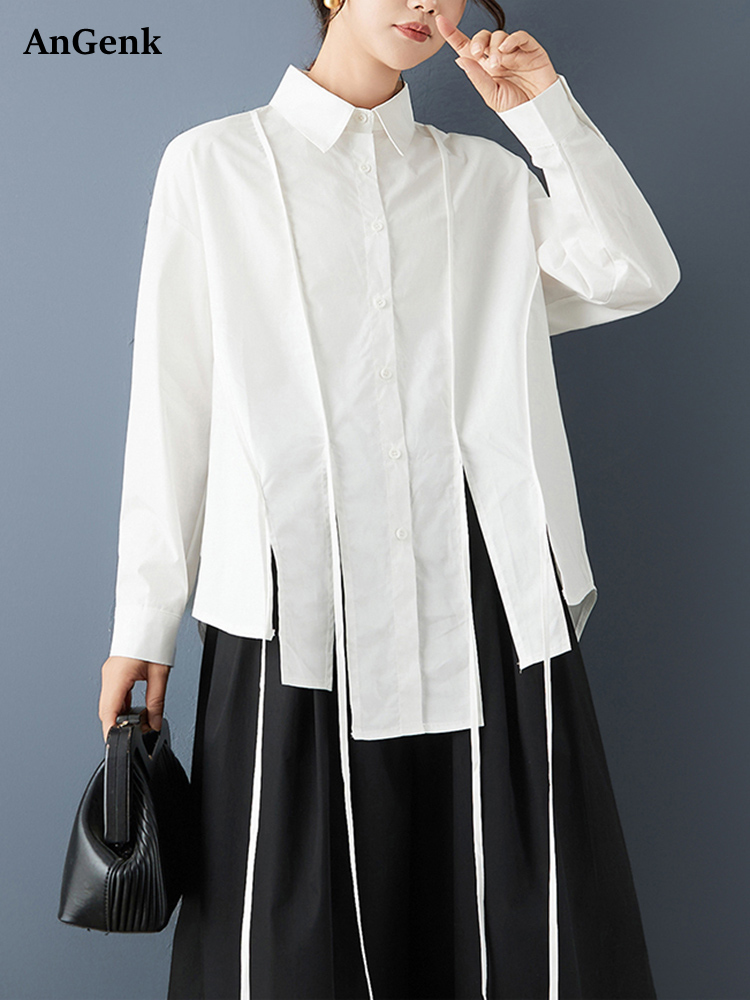 Asymetryczna, oversize'owa, biała koszula vintage damska, nowa, z długim rękawem, luźna, codzienna bluzka w stylu koreańskim, odzież wierzchnia, wiosna jesień 2026