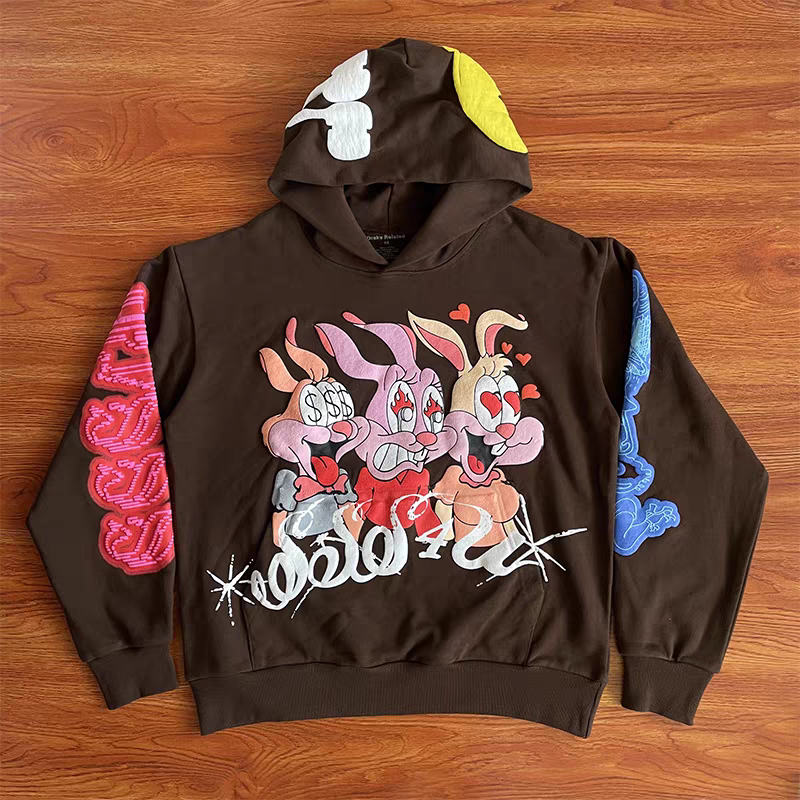 Frosted Print op kleurrijke cartoon konijn trui heren dames hoge kwaliteit hoodie