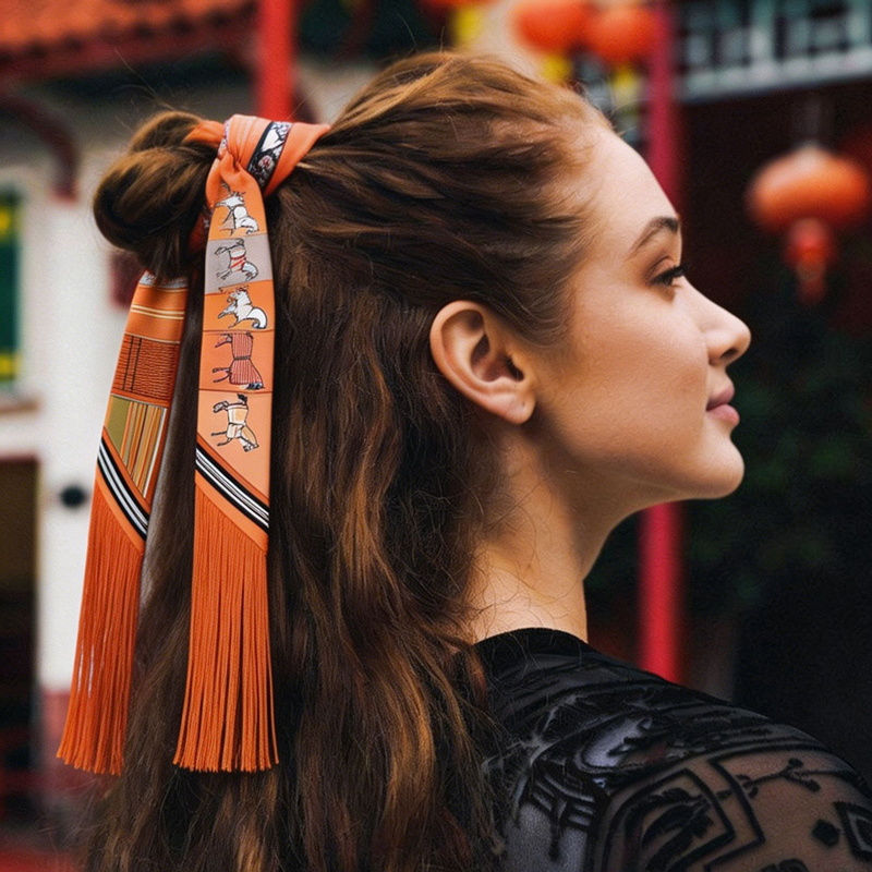 Dames Lange Dunne Sjaal met Kwastjes Retro Ruiterprint Halsdoek Multifunctionele Haarsjaal Tas Hendel Wrap voor Reizen en Dagelijks Gebruik als Cadeau