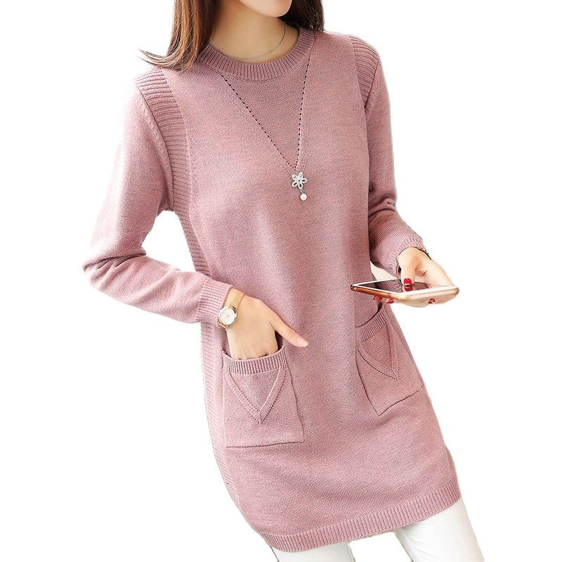 Maglione Lungo Solido da Donna, Abbigliamento 2026 Nuovo Stile Coreano, Vestito Maglione in Maglia con Tasche, Casual Caldo e Morbido, Girocollo a Maniche Lunghe, Pullover da Donna