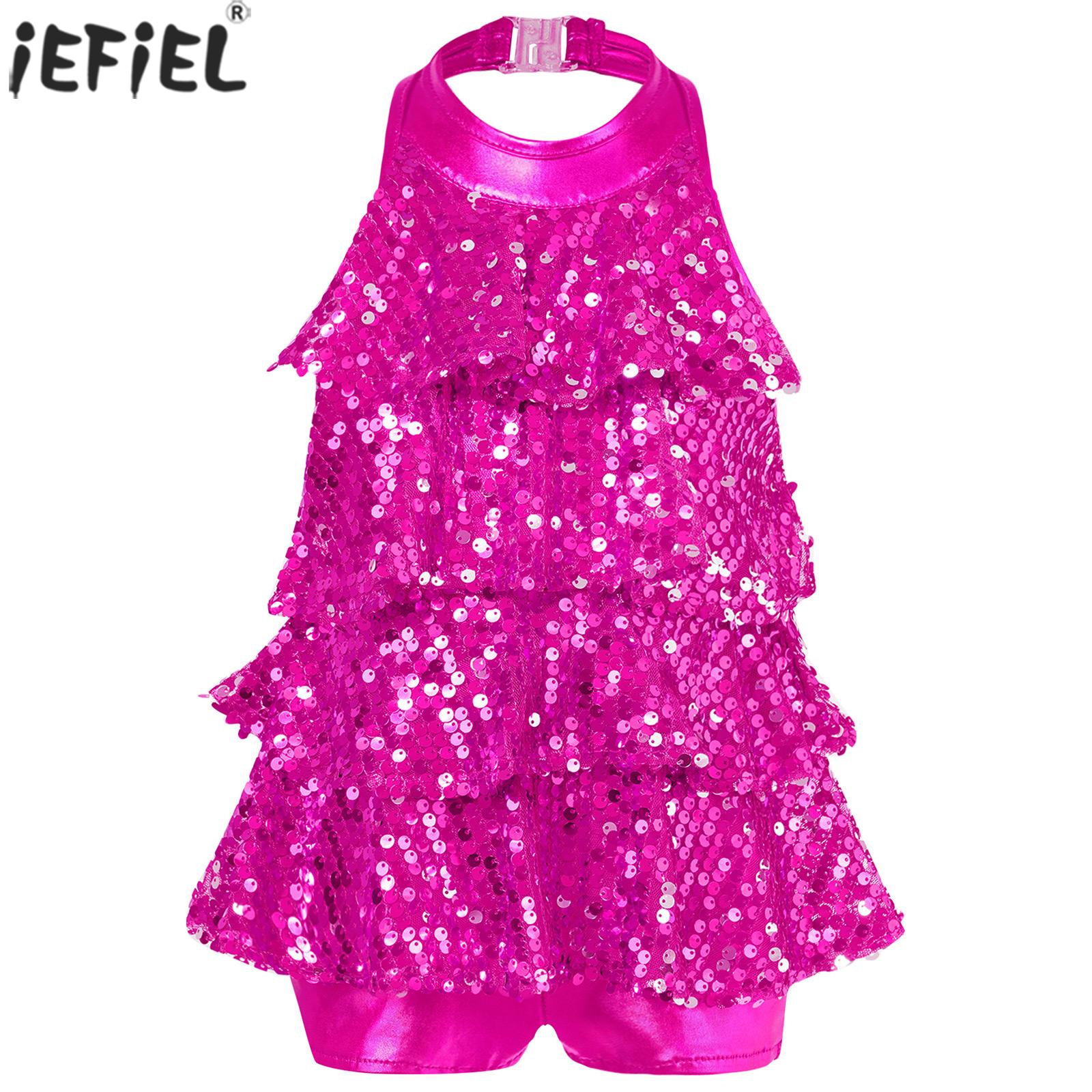 Kids Girls Shiny Sequins Jazz Latin Ballet Dance Costume Halter Shorty Unitard Dress Gymnastics Stage Performance Dancewear