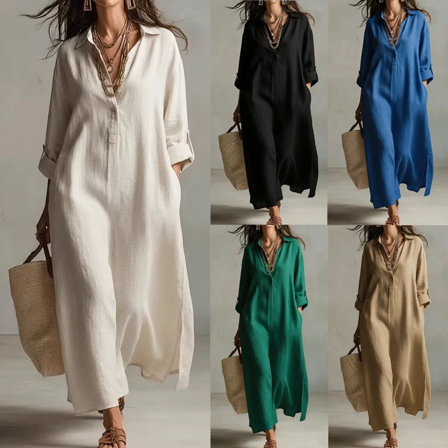 Vintage Europäisches und Amerikanisches Maxikleid mit Revers und Halbplacket, Dreiviertelärmel, Lässiger Stil für Urlaub und Freizeit