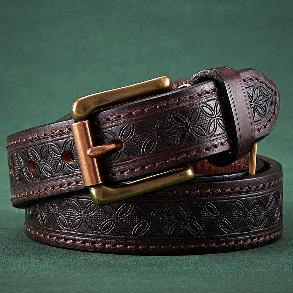 Ceintures en cuir de vachette véritable souple de 3,3 cm avec boucle en cuivre vintage de luxe, motif totem porte-bonheur, pour hommes