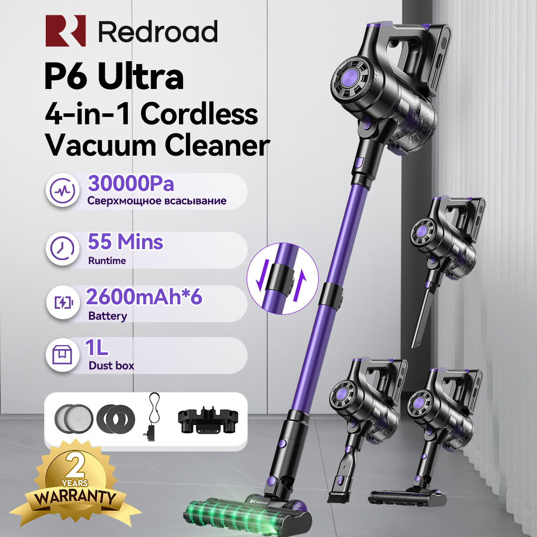 Redroad P6 Ultra 4-en-1 aspirateur sans fil 30kPa 55 minutes d'autonomie portable vertical mural 3 buses pour voiture maison famille
