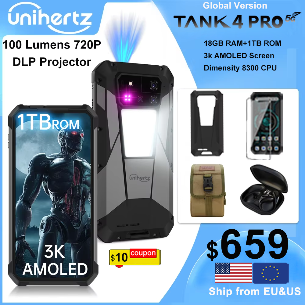 Unihertz Tank 4 pro 8849 Rugged Phone 5G AI Built-in 720P Projector IP68/69 Dimensity 8300 512GB/1TB ROM 16GB/18GB RAM 3k AMOLED
