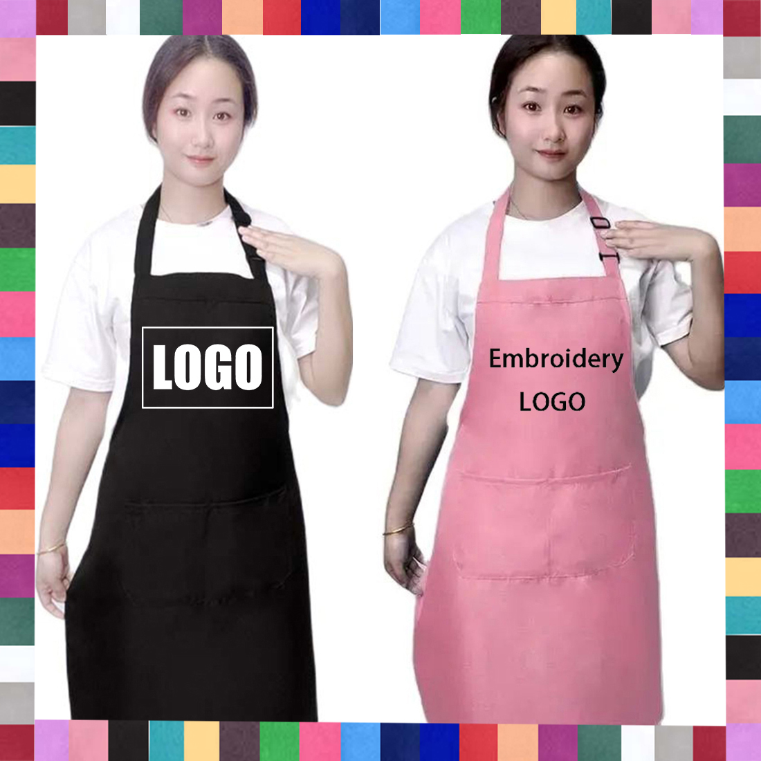 Tabliers avec LOGO personnalisé pour femmes et hommes, 18 couleurs, pour Chef de travail, gril, Restaurant, Bar, boutique, cafés, uniforme d'études d'ongles de beauté, tablier fin