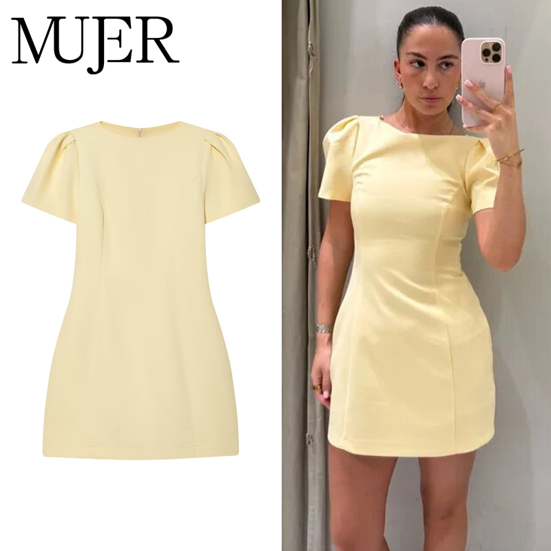 MUJER 2026 Pleated Short Dresses for Women Yellow Holiday Women's Dresses Elegant Party Dresses Woman Short Sleeve Formal Dress