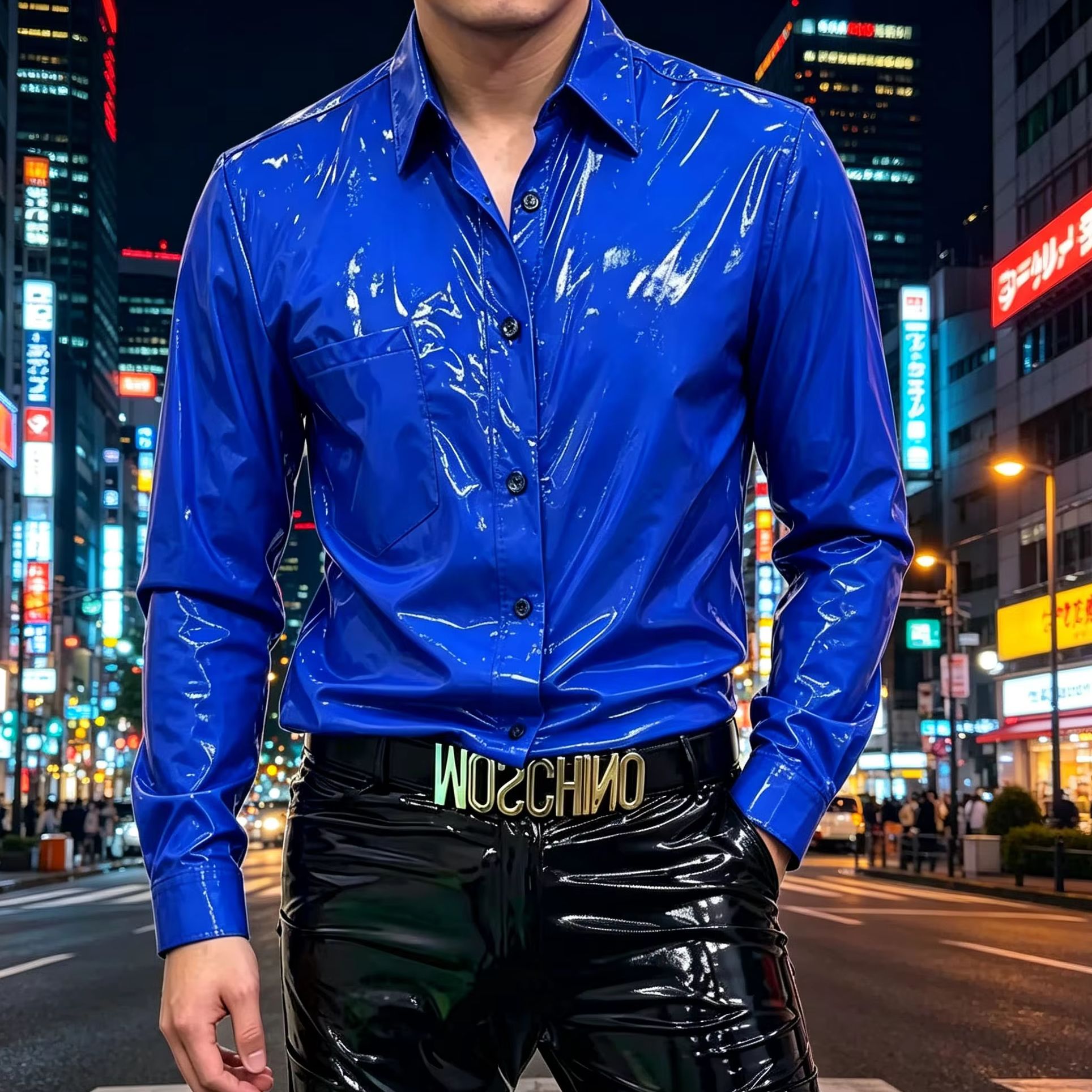 Herren Metallic Disco Glänzendes Slim-Fit Hemd Langarm Faux-Latex Knopfleiste Nachtclub Party Hemden Glänzende PVC Clubwear Maßanfertigung