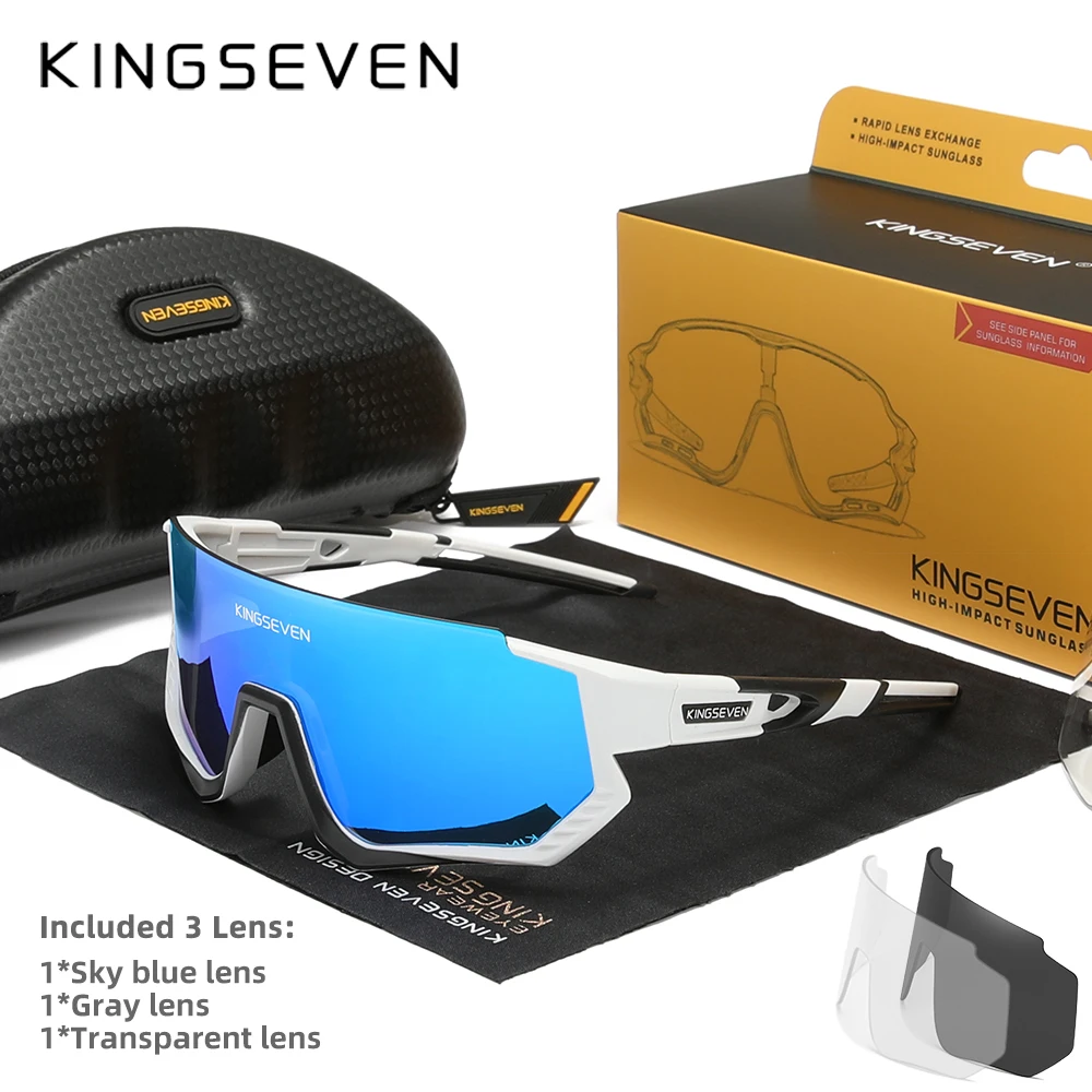 KINGSEVEN 3 Lens Cycling Sunglasses Men Women Mtb Bicycle Glasses Quality Anti-UV Polarized Large Frame Fishing Bike Goggles