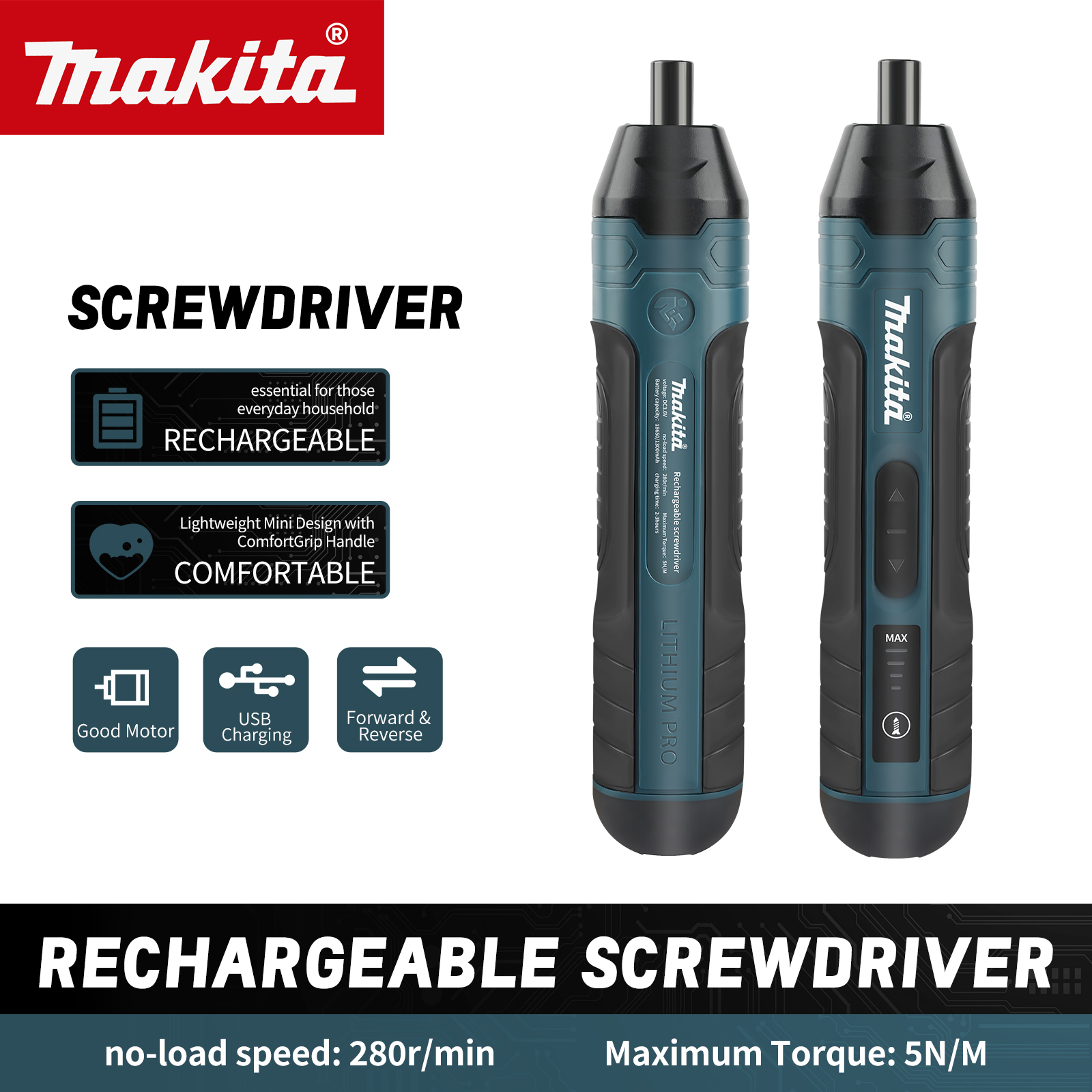 Cacciavite Elettrico Senza Fili Makita |   3.6V 5N.m Coppia di rotazione |   Mandrino da 1/4 di pollice |   Batteria agli ioni di litio da 1300mAh. HT422