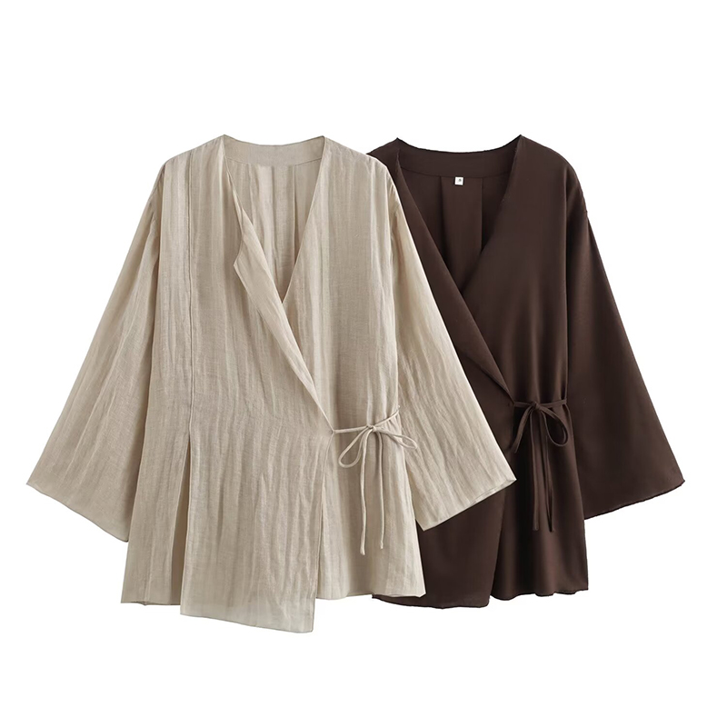 Kimono cruzado de lino de manga larga con cuello en V para mujer, camisa informal de verano con cordones, elegante