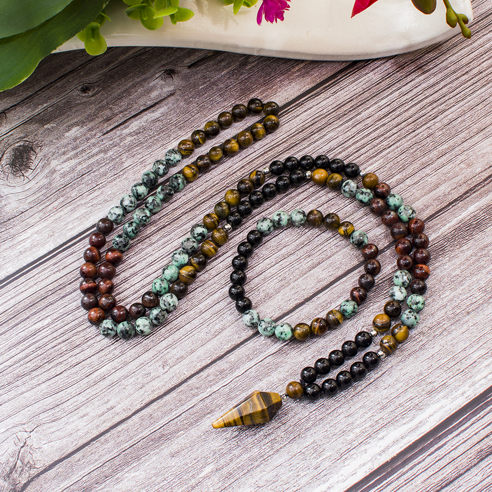 8mm Schwarzer Onyx Afrikanischer Türkis Perlen 108 Mala Halskette Meditations-Yoga-Gebets-Japamala-Set mit Tigerauge-Anhänger Schmuck