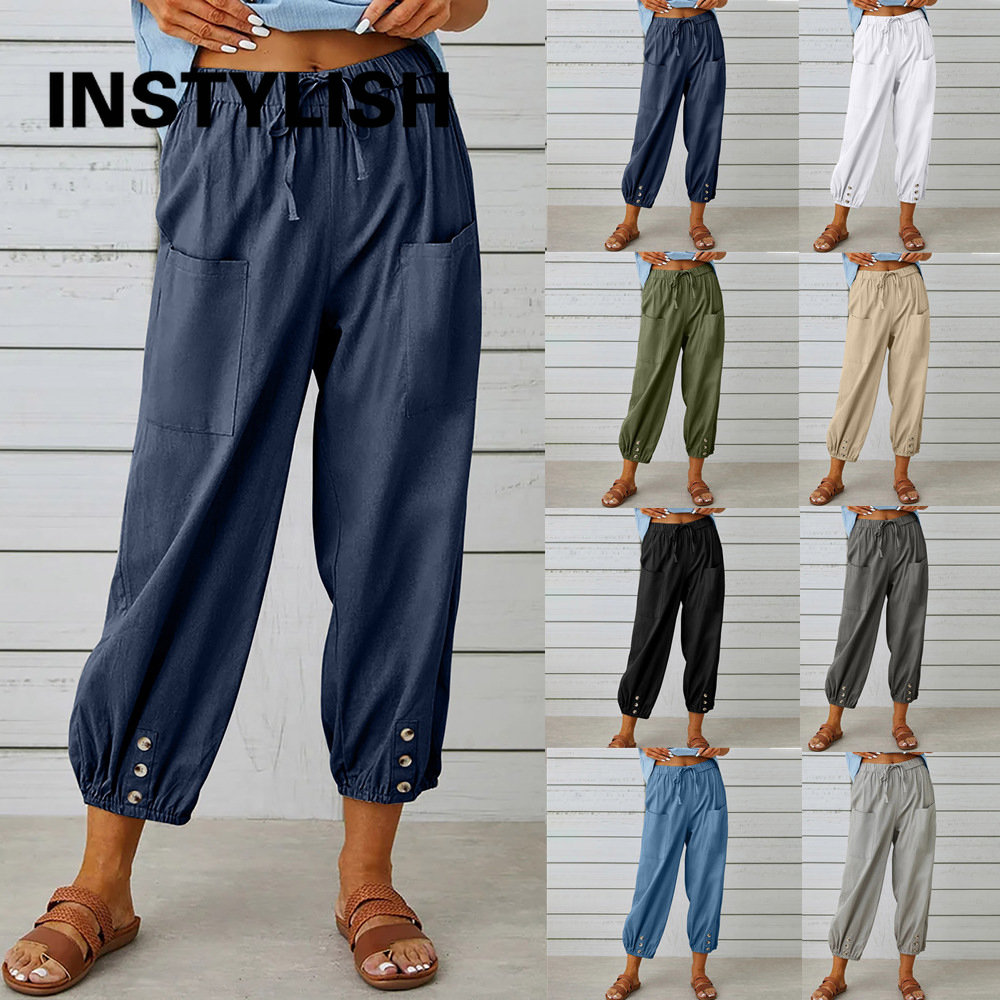 Pantalones de lino y algodón para mujer, Pantalón recto holgado con cintura elástica de Color sólido, pantalones de pierna ancha de cintura alta Harajuku para mujer 2023