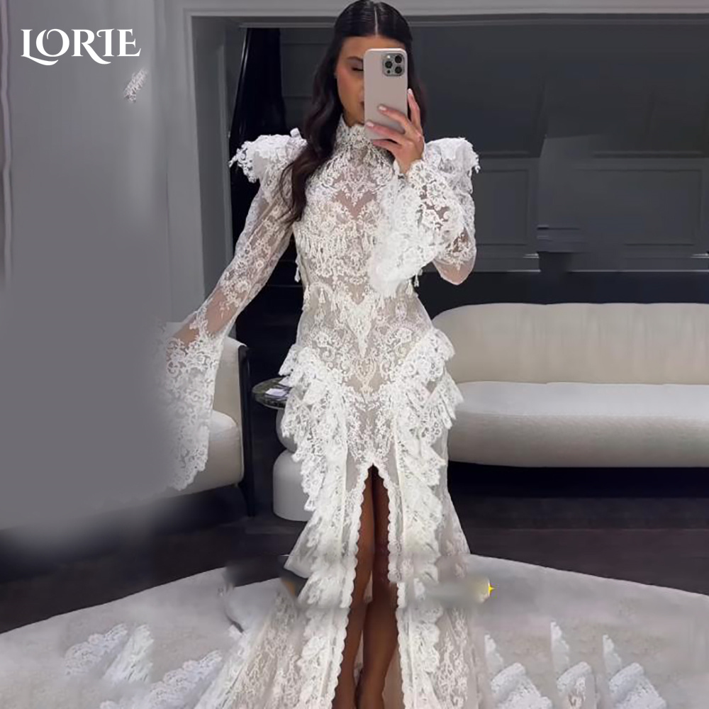 LORIE винтажное кружевное свадебное платье русалки сексуальное свадебное платье с высоким воротником и длинными рукавами с открытой спиной платье принцессы невесты по индивидуальному заказу