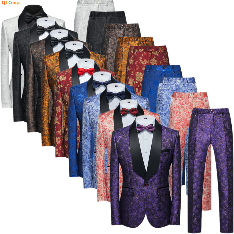 Luxuriöser zweiteiliger Herrenanzug in Lila, bestehend aus einem Jacquard-Sakko und passender Hose, erhältlich in Rot, Blau, Weiß, Schwarz, Gelb.