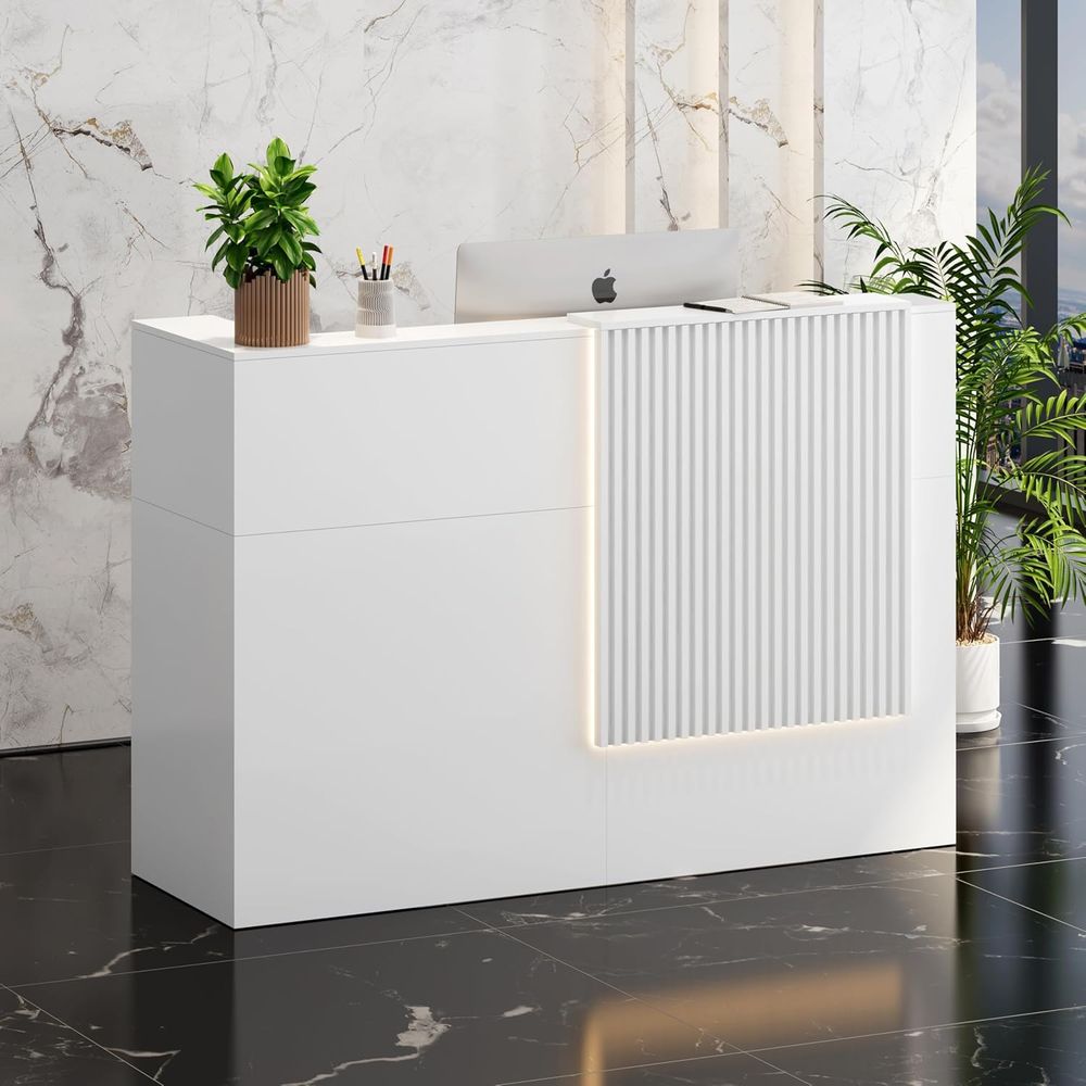 White Wooden Lockable Reception Counter with Grille Design for Office Lobby or Home Supermarket