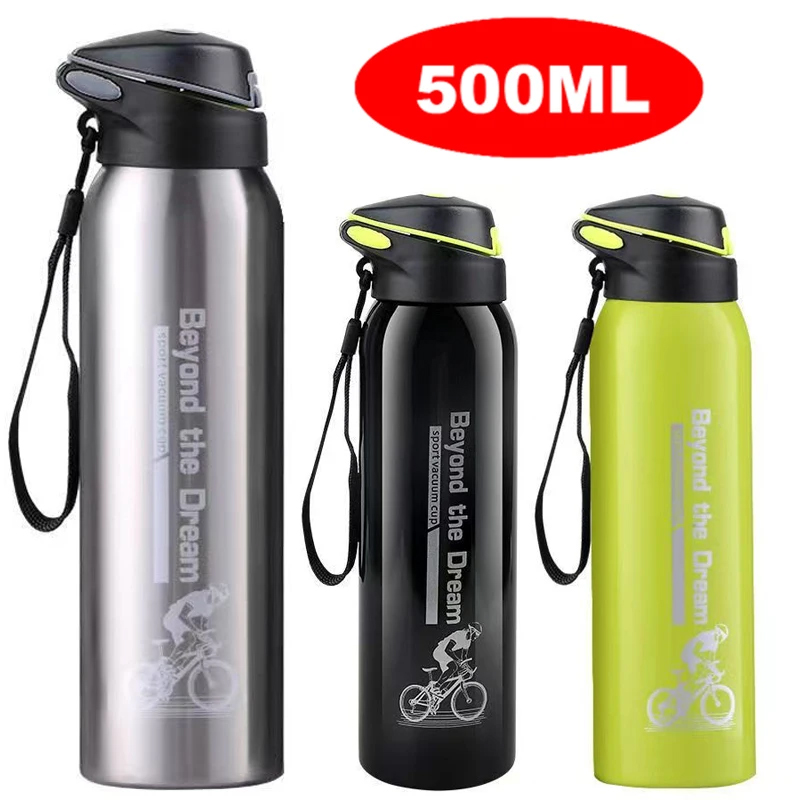 Botella de agua de acero inoxidable para bicicleta, termo Simple de doble pared aislado con pajita, 500ML