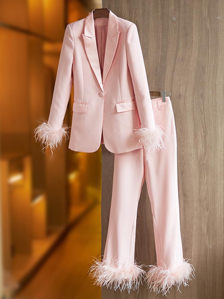 HIGH STREET Neuestes 2026 Designer-Anzug-Set Damen Schlanker Einknopf-Blazer mit Feder-Verzierung und Hose