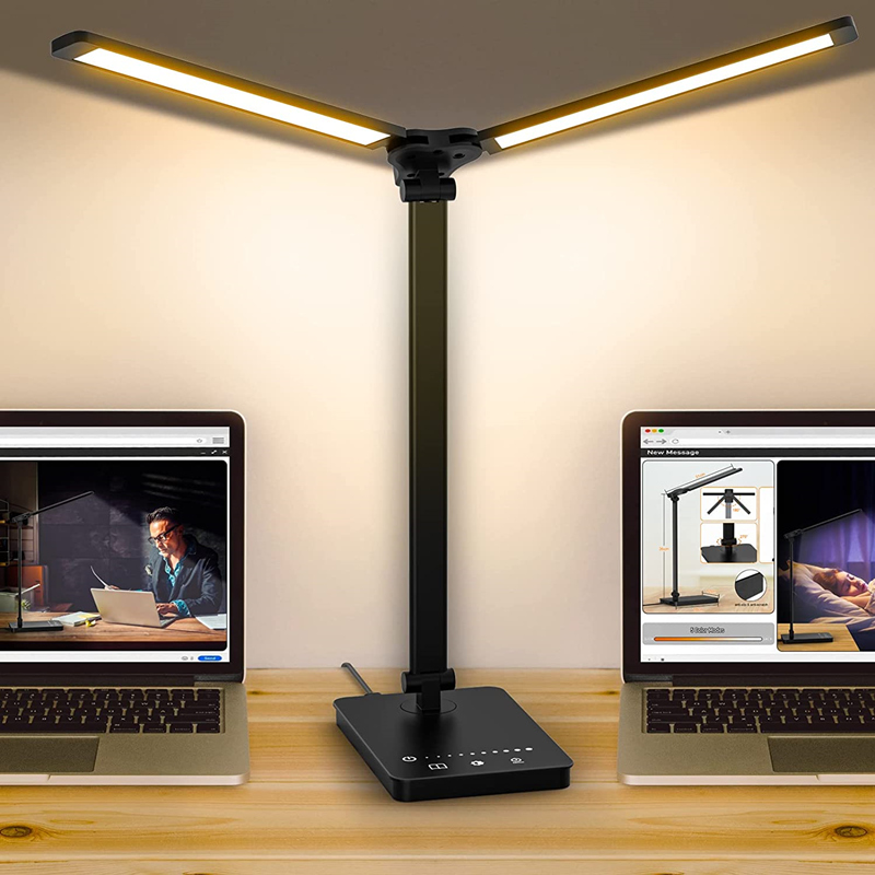 Lámpara de escritorio LED de doble cabezal, lámpara de mesa con brazo oscilante doble para oficina en casa, 5 modos de color y 5 regulables, lámpara de piano moderna que cuida los ojos