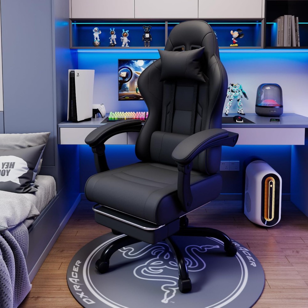 Silla de juegos profesional con masajeador, silla de juegos de PU con reposacabezas y reposapiés, silla de oficina ergonómica con masaje lumbar