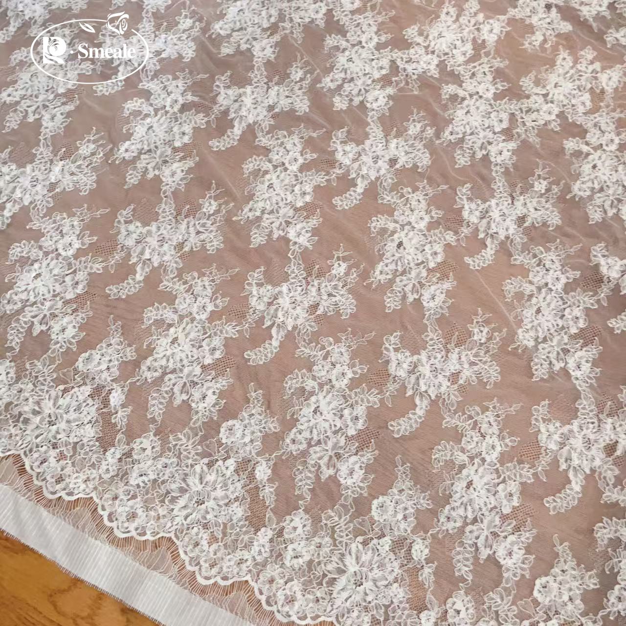 Tela de encaje de pestañas bordada a mano de 3MX1.5M para vestido de novia, tela de encaje de flores blancas para coser DIY por metro