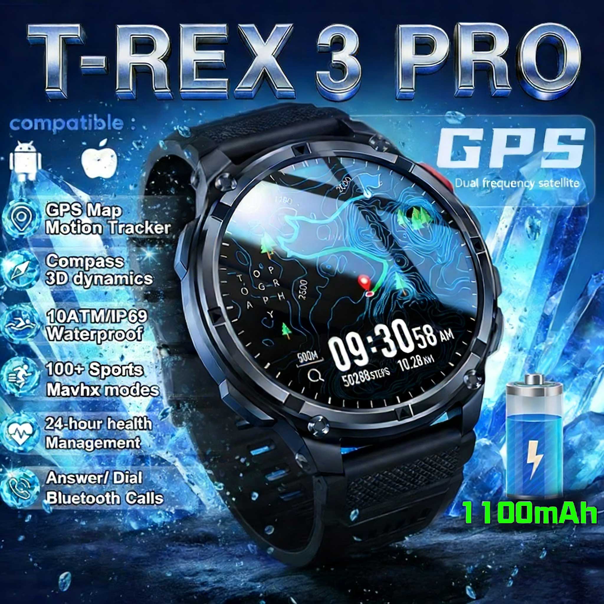 นาฬิกาสมาร์ทวอทช์ T-Rex3 Pro GPS Tracker รุ่นใหม่ ปี 2026 แบตเตอรี่ 1100mAh สำหรับผู้ชาย ใช้งานได้นาน 120 วัน ทนทาน เหมาะสำหรับกิจกรรมกลางแจ้ง กันน้ำ 10ATM รองรับการโทร