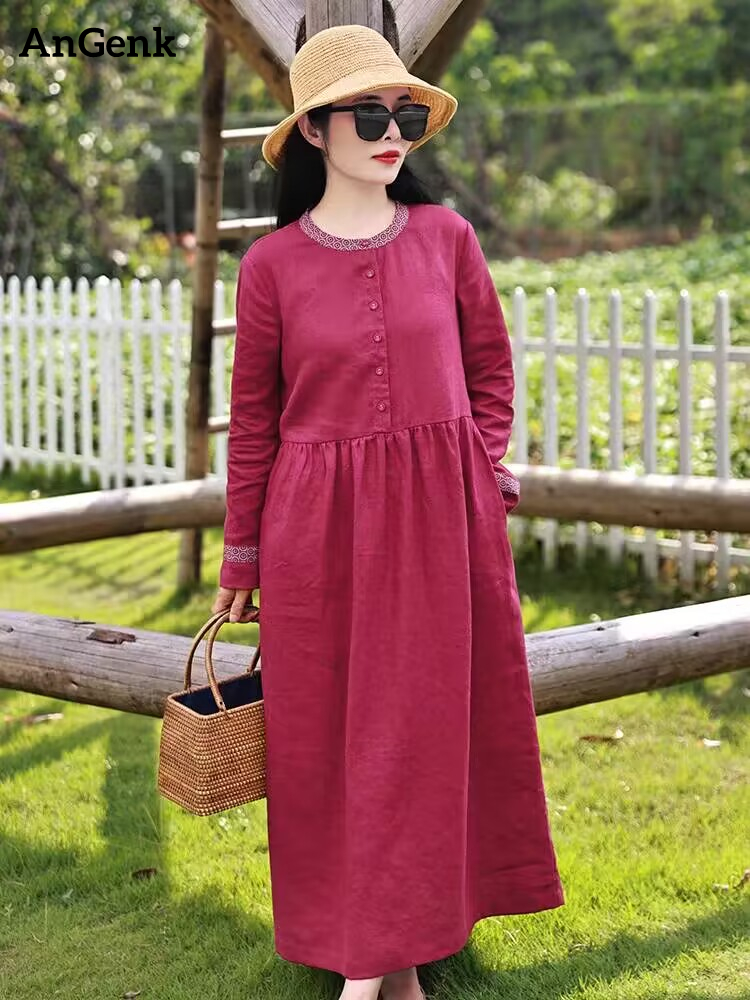 Cotton Red Vintage Dresses For Women 2025 Spring Autumn Casual Long Sleeve Fashion Elegant Art Dress Office Lady Work Clothing