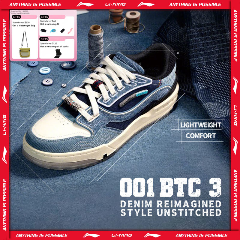 Li-Ning Unisex 001 BTC 3 Buty Lifestyle Amortyzowane Lekkie Retro Modne LiNing Męskie Damskie Klasyczne Casualowe Sneakersy AGCV281