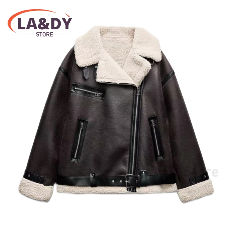 Chaqueta de piel sintética de alta calidad para mujer, abrigo grueso y cálido de lana de cordero con bolsillos y cremallera, Top informal para mujer 2024