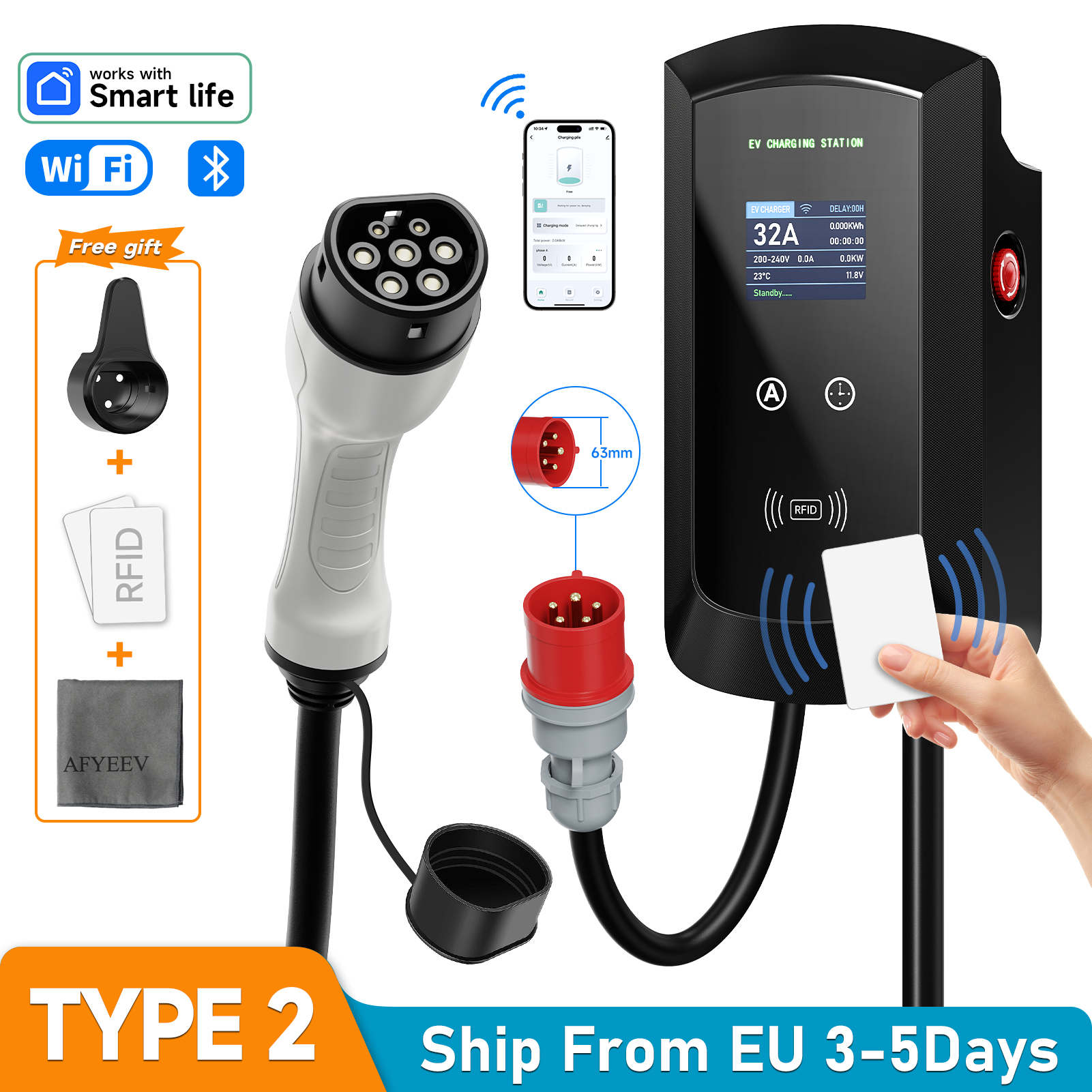 AFEEV 7.6KW/11KW/22KW stacja ładowania EV wtyczka CEE typ 2 IEC62196-2 32A 3-fazowa ładowarka ścienna WiFi Bluetooth kontrola aplikacji