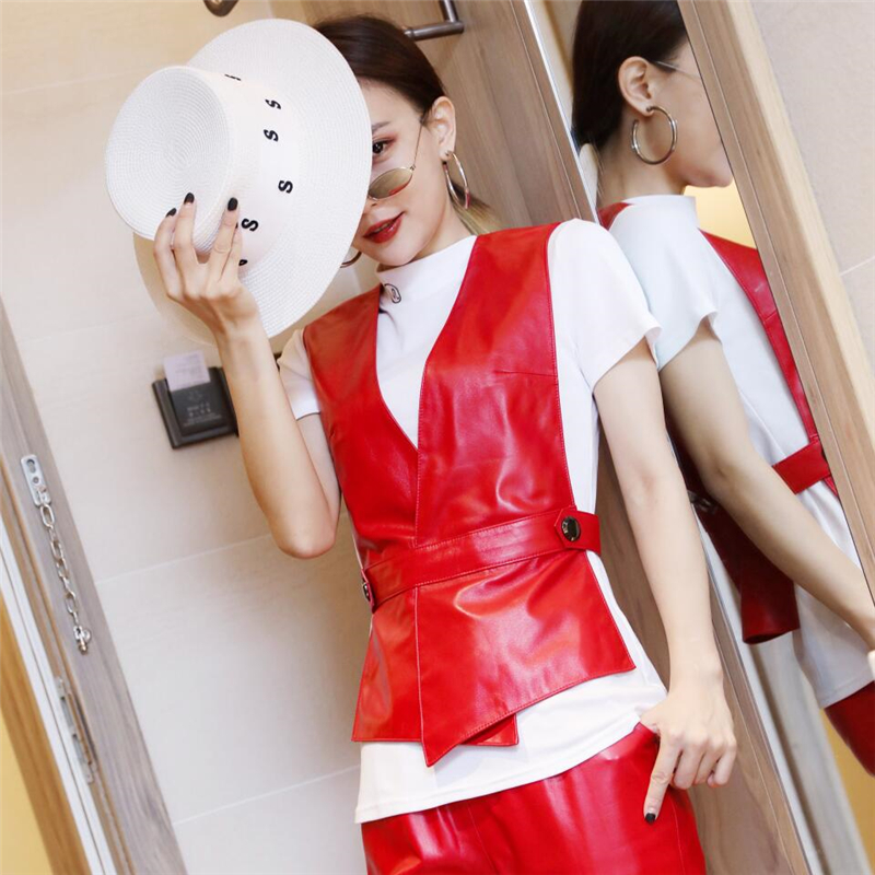 女性用本革ベスト,シープスキンの赤いベスト,小さなショートベスト,スリムなアウター,Vネック,春秋