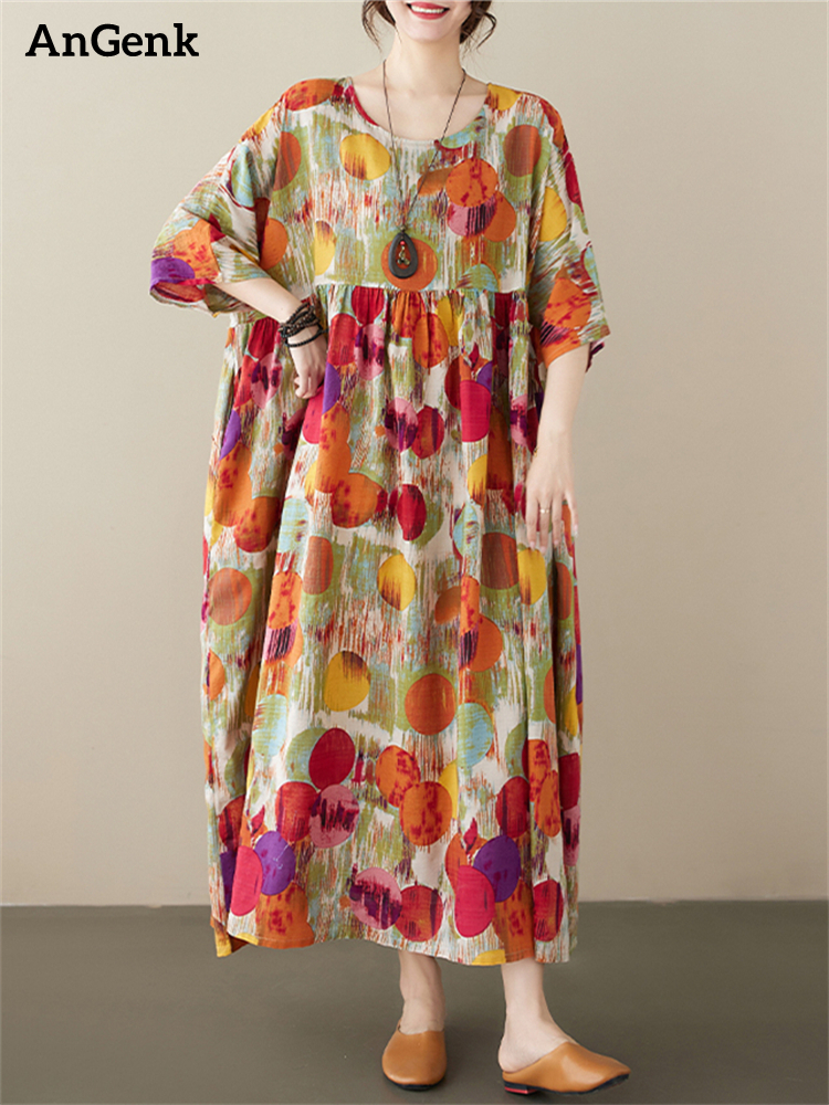 Vestidos Vintage de lunares de manga corta de algodón para mujer, novedad de verano 2021, vestido largo holgado informal para mujer, Vestidos elegantes
