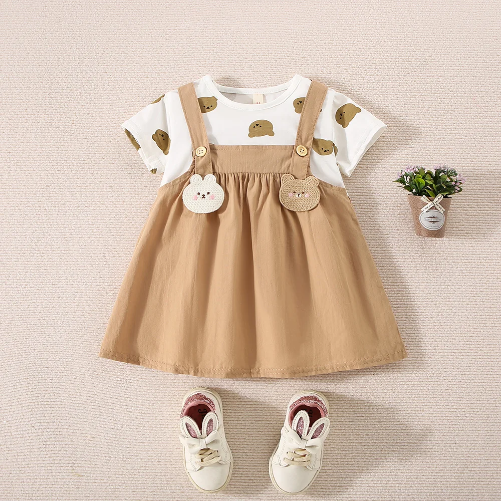 Vestido de manga corta con estampado de oso de peluche de algodón para niña, vestido falso de tirantes de dos piezas, vestido bonito de verano