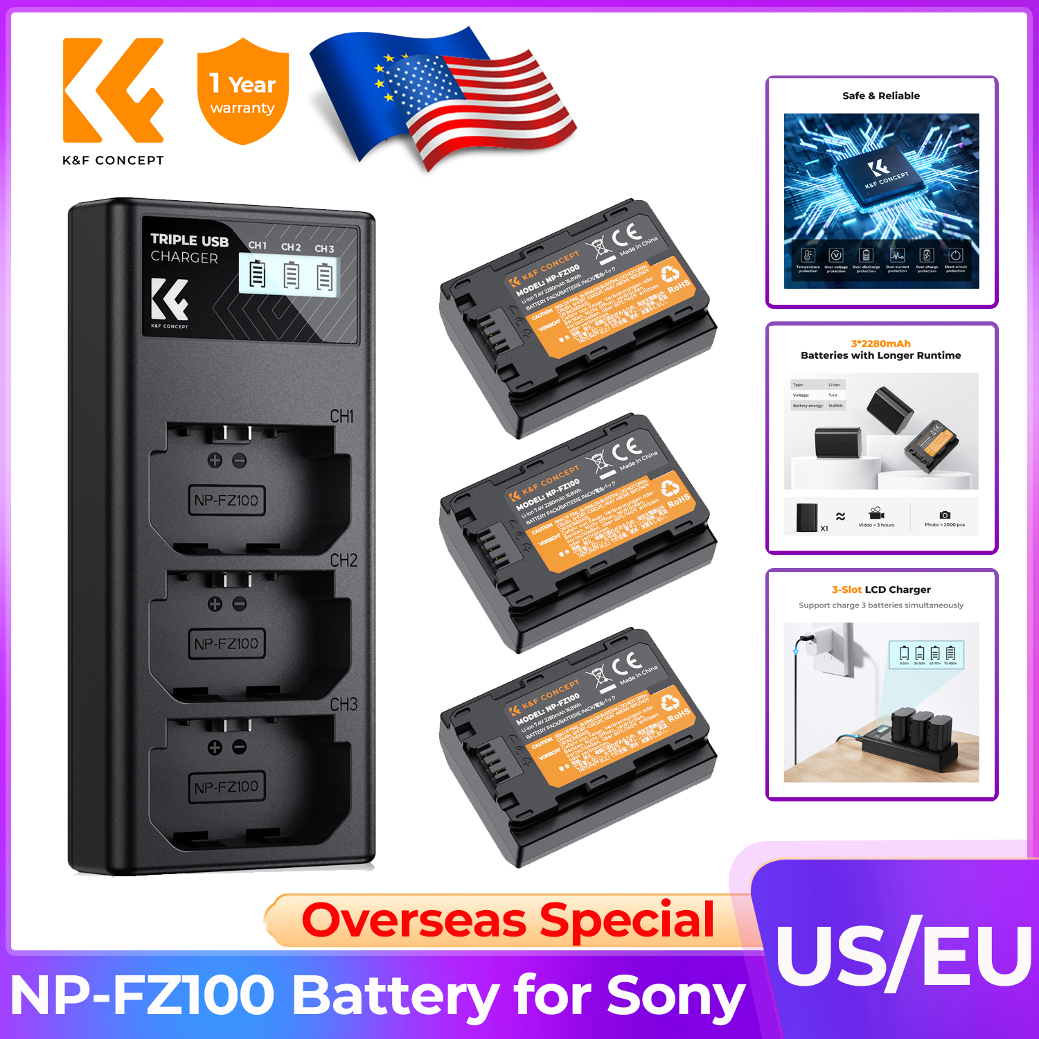 K&F CONCEPT NP-FZ100 Batterijladersets voor Sony Alpha A7 III A7R III A7R3 A9 a6600 a7R IV Alpha a9 II USB-poort Backupbatterij
