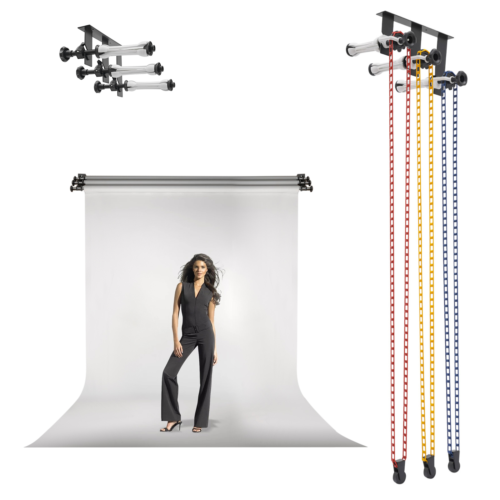 Système de support de fond manuel pour la photographie, montage mural à 3 rouleaux, dispositif d'alignement de toile de fond avec 6 barres d'expansion, 3 équipers