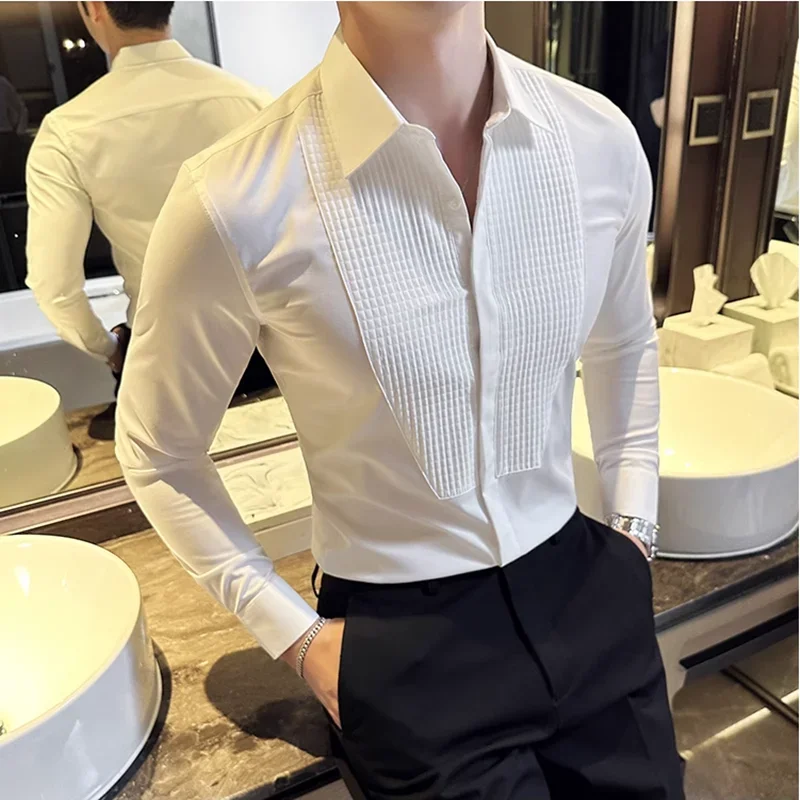 Camisa slim fit de design plissado masculino, vestido de casamento do noivo, casaco formal de manga comprida, negócio social, moda