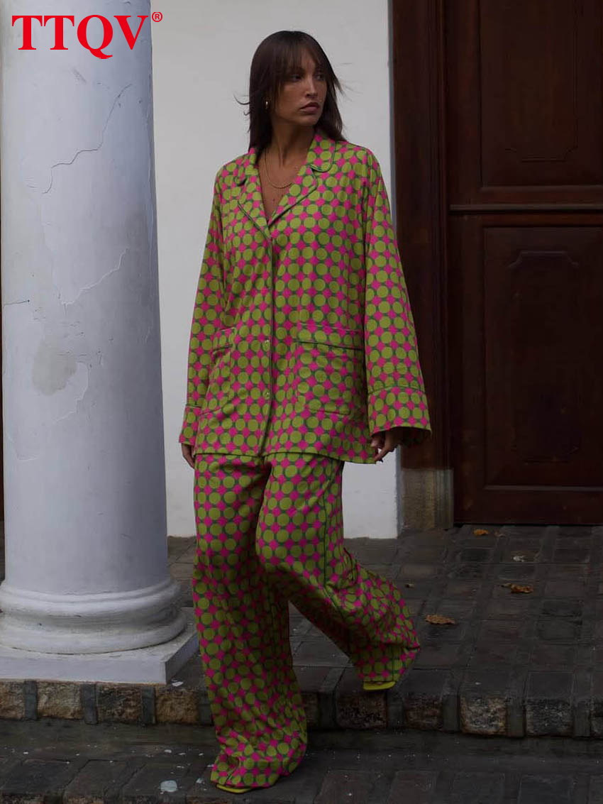 TTQV Fashion losse print broekset 2-delig dames elegante blouse met lange mouwen en wijde broek met hoge taille dames streetwear