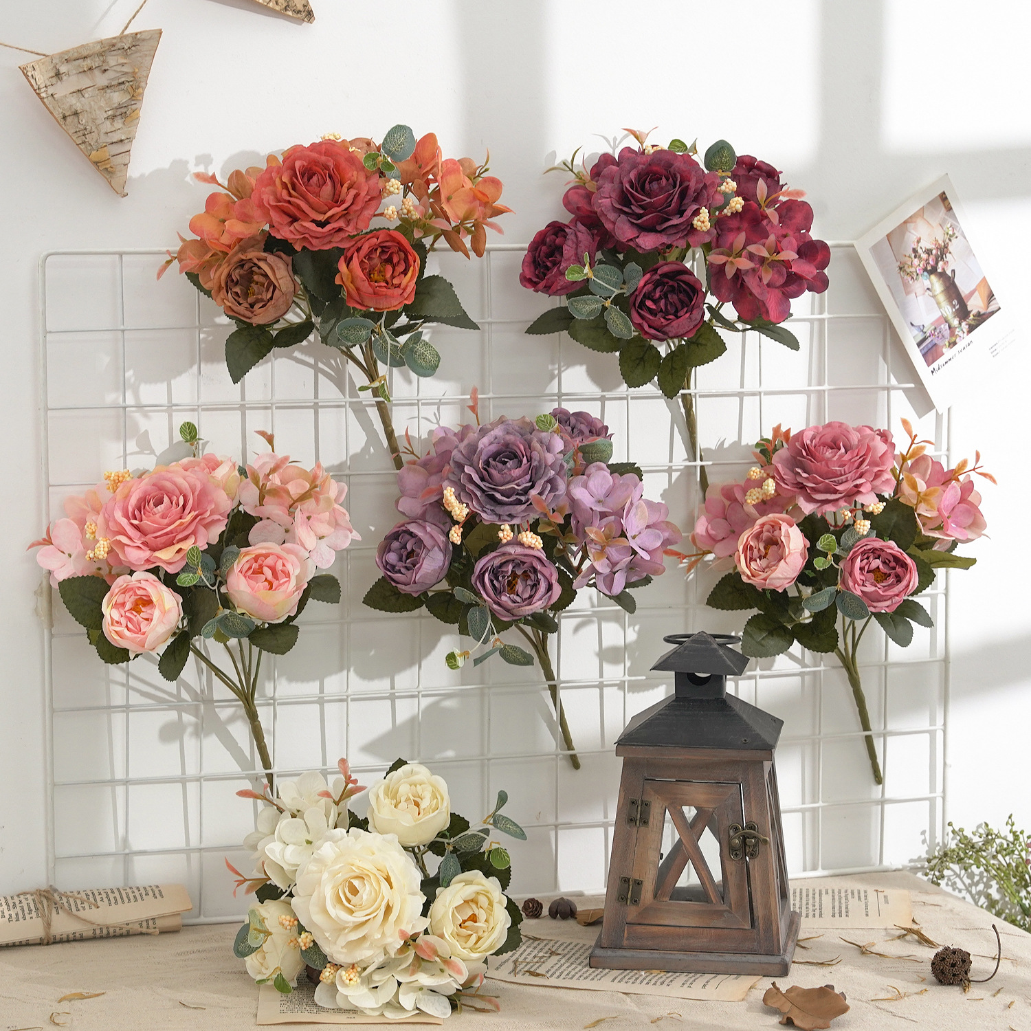 Flores artificiales Retro ramo de rosas de seda hortensia peonía Vintage novia sosteniendo plantas falsas accesorios de decoración de boda para el hogar