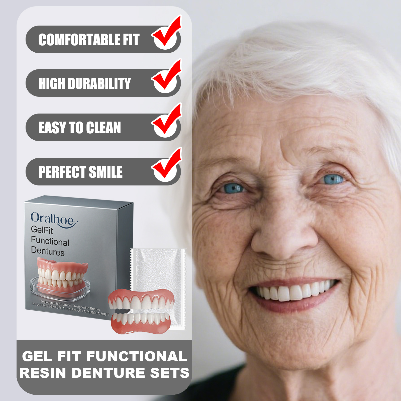 ORALHOE Gel Fit Functionele harsprothesesets Bedekken tandverlies Perfecte glimlach Hoge duurzaamheid Comfortabele pasvorm Gemakkelijk schoon te maken