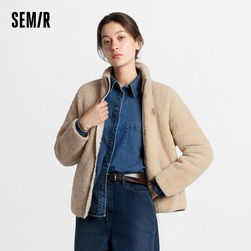 Semir Jacket Women Raglan Sleeve Coral Fleece Faux Lamb Wool 2024 Winter New Stand Collar Loose Gentle Style Women's Clothing